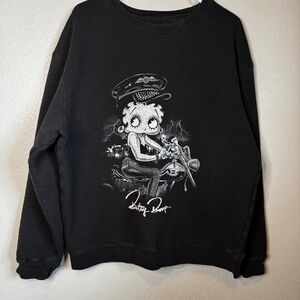 Betty Boop Black and White Long Sleeve Biker Graphic Crewneck Pullover